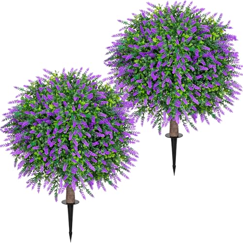 2PCS Faux Boxwood Plants Outdoor Artificial Topiary Ball Trees | Fake Lavender Bush & Shrub / UV Resistant / No Fade / Sturdy Build / No Maintenance / with Spike / Front Porch Decor - color: Lavender