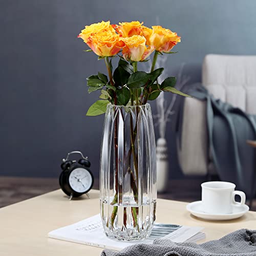 Modern Ribbed Glass Vase for Flowers, Candles and Decorative Accents - Black, Grey, Amber, Clear and Colored Tall/Short Vase for Centerpieces and Home Table Decor (Clear, H-11.8inch) - color: Clear, size: H-11.8inch