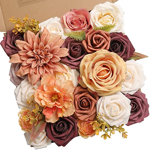 YYHUAWU Artificial Flowers Combo Set Fake Flower Leaf Box with Stems for DIY Wedding Bouquets Centerpieces Flower Arrangements Decorations Baby Shower Party Home Decorations (Terracotta White) - color: Burgundy White