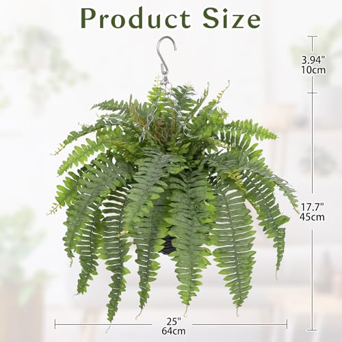 Artificial Fern Hanging Basket Plant 25" Boston Ferns 31 Leaves Greenery Plants with Rattan Pot for Outdoors & Indoor Fake Fern Bush Plant in Pot for Patio Entrance Porch Garden Decor Dusty Green - color: Hanging Basket - Dusty Green Medium 2