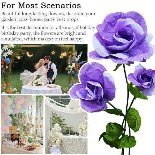 Giant Artificial Flower 3PCS 3D Realistic - Large Purple Waterproof Fake Flowers Durable Easy Maintenance Perfect for Home Garden Weddings Events Christmas Graduation Party Decorations - color: 3pcs-roses-purple