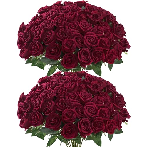 Sggvecsy 50 Pcs Artificial Roses Red Flowers Fake Velvet Silk Roses with Stems Bulk Realistic Faux Flowers for Bridal Bouquets Wedding Centerpieces Valentines Day DIY Home Decor (Burgundy) - color: Burgundy