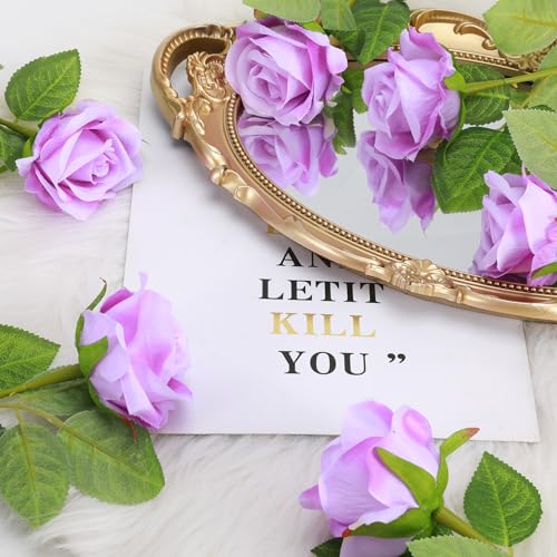 36 Pcs Silk Purple Rose Bouquet Bridal Artificial Flowers,Fake Rose Long Stem Realistic Artificial Flowers Bulk for Wedding Bouquet Ball Arrangement Centerpiece Party Decor - color: Purple