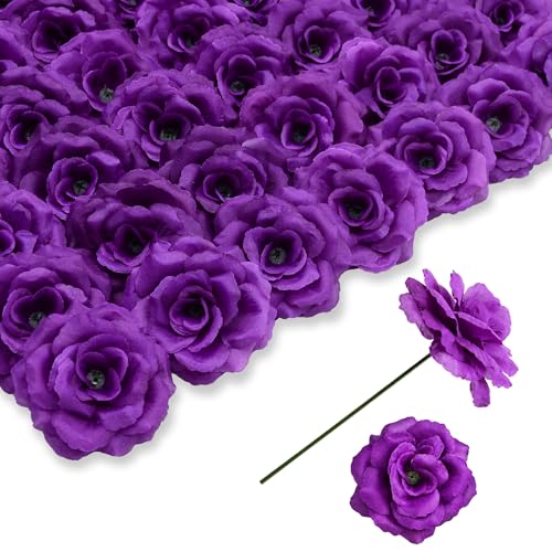 Rose Artificial Flowers, 50Pcs White Roses Head Flowers Bulk with Stem, 3 Inches Silk Rose Fake Flower Head for Wedding Party Home Decor DIY Baby Shower Centerpieces Tables Decoration (Deep Purple) - color: Deep Purple