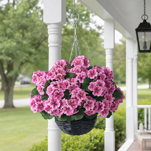GLIDLION 2 Set Artificial Geraniums Flowers with Hanging Baskets for Outdoors - Sun Resistant Silk with Geranium Flowers, Fake Hanging Planters for Front Porch Garden Patio Home Decor (Pink) - color: Pink