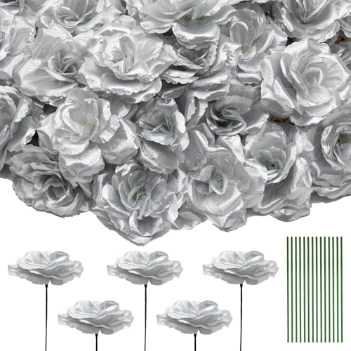 50 Pcs Rose Flower Head, Artificial Flowers Bulk for DIY Crafts, 3in Fake Rose Silk Flower Head wit Stem, Faux Flowers for Decoration, Wedding Home Party Decor Garland Decor (50, Silver) - color: Silver