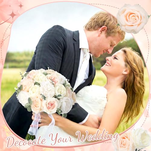 Suncalla 98 Pcs Artificial Flowers Bouquet Assorted Faux Flowers Heads with Stem Eucalyptus Leaves Silk Floral Table Centerpiece for DIY Wedding Party Wreath Home Decor(Champagne Color) - color: Champagne Color