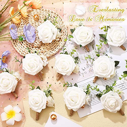 MTLEE 15 Pcs Burgundy Boutonniere for Men Rose Wedding Boutonniere with Pin Groom Groomsmen Buttonholes Man Suit Corsage for Vintage Wedding Ceremony Anniversary Dinner - color: White, style: Classic