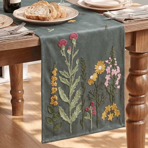 Artoid Mode Grey Soft Chain Embroidery Wild Floral Spring Table Runner, Seasonal Summer Kitchen Dining Table Decoration for Home Party Decor 13x72 Inch - color: Grey, size: 13" x 72", Table Runner