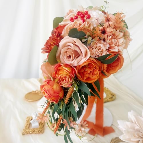 Burnt Orange Cascading Bouquets for Bride Artificial Fall Silk Flower Terracotta Rose Wedding Bridal Bouquet Sunset Beige Boho Rustic Ceremony Anniversary Decor Toss Bouquet - color: Burnt Orange, Terracotta