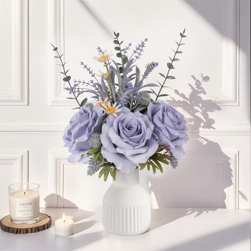 Artificial Flowers in Vase, Silk Roses Flowers Artificial Eucalyptus Lavenders Small Daisies and Fake Plants in White Ceramic Vase, Rustic Farmhouse Floral Arrangements Décor, Plants for Living Room - color: Dustyblue