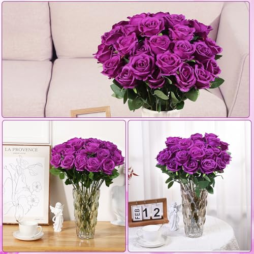 72 Pcs Artificial Roses Purple Fake Silk Roses Realistic Roses Faux Flower Indoor Wedding Home Decor, Birthday Decorations - color: Purple