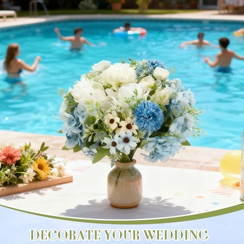 Tigeen 6 Bundles Artificial Bouquet Flowers Artificial Peonies Faux Roses Hydrangea Flowers Bouquet for Wedding Table Centerpiece Floral Vase Decor (White,Blue) - color: White,blue