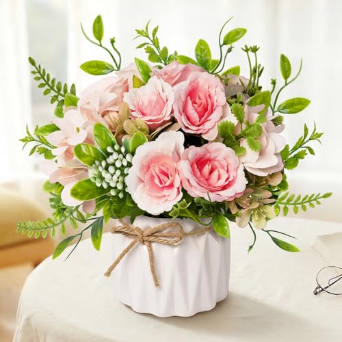Pink Artificial Silk Roses with Ceramic Vase, No Maintenance Faux Flower Arrangement, 6.3 Inch Realistic Table Decor for Home Office Wedding - color: Pink