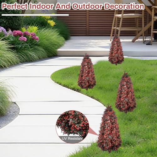 Set of 2 Topiary Trees Artificial Outdoor for Spring, 3.3FT Tall Artificial Plant Faux Shrubs Bushes with Stakes,UV Resistant Fake Boxwood Plants for Outdoor Planter,Porch, Garden, Patio,Indoor Decor - color: Red