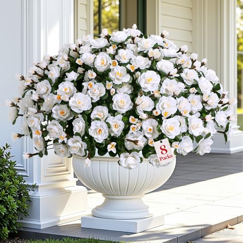 Alupssuc 8 Large Bundles Artificial Flowers for Outdoors Spring Decoration, UV Resistant Faux Flowers Silk Camellia Realistic Fake Flowers for Yard Patio Planter Porch Balcony Garden, White - color: White