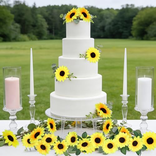 Coferset 30 Blooms Artificial Sunflower Garland, 3Pack Realistic Sunflowers Artificial Flowers 7.5Ft Silk Fake Sunflowers Vine with Green Leaves for Baby Shower Wedding Party Garden Wall Decor - color: 3pcs