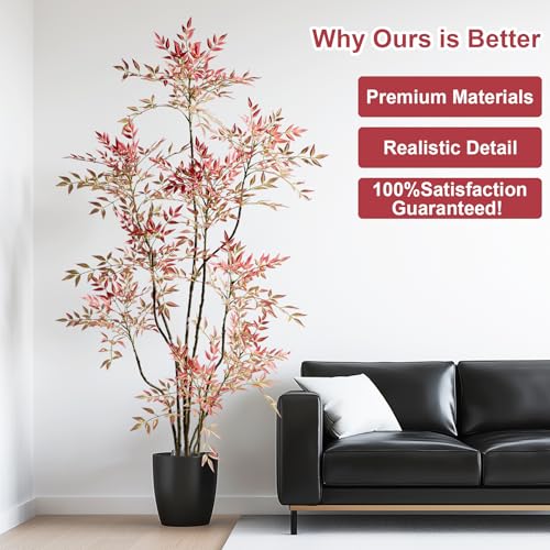 7.2ft Faux Bamboo Tree Artificial Nandina Tree Artificial Indoor Plants Realistic Fake Potted Tree with 800+ Leaves, Cement Planter - Home Office Decor Perfect for Housewarming Gift Non-Toxic - color: Red, size: 7ft 2in
