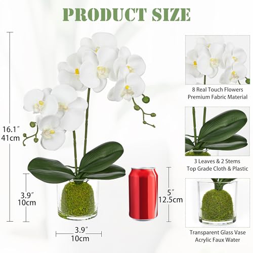 White Orchids Artificial Flowers 16.1" Faux Orchids Plant in Pot Fake Flower Arrangements with Glass Vases Small White Centerpieces for Kitchen Dining Room Tables Bathroom Nightstand Shelf Desk Decor - color: White Orchid & Green Moss Grass