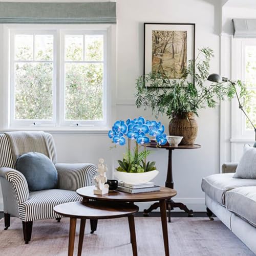 Briful Blue Orchid Artificial Flowers 18in Fake Orchid Silk Flowers with Ceramic Pot Faux Orchid Arrangement for Home Office Room Coffee Table Shelf Modern Decoration - color: Blue White