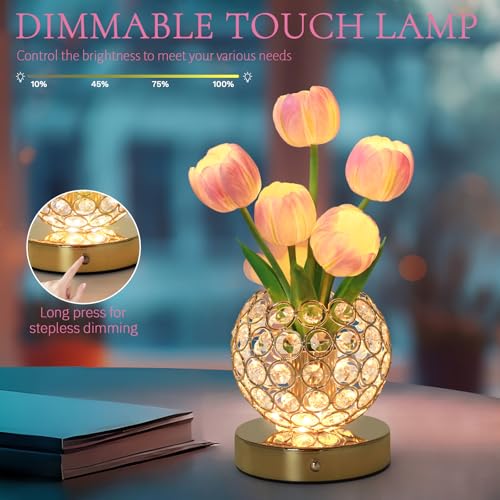 Tulip Flower Lamps, 3 Colors Touch Stepless Dimming Crystal Night Light, Rechargeable Artificial Flower Light, LED Flower with Vase Lamp Romantic Decor for Date Party Home (Tulip1 - Pink) - color: Tulip1 - Pink