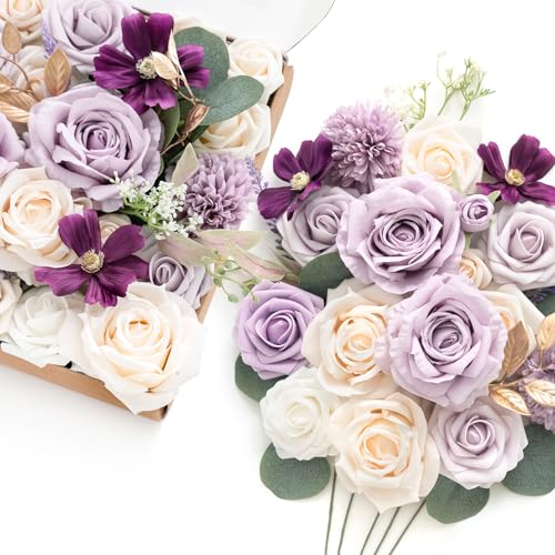 Ling's Moment Fake Flowers Box, Faux Artificial Greenery Stems Foam Roses Silk Eucalyptus Fabic Flower for Centerpieces Bouquet Wedding Vase Floral Arrangements Decorations, Lilac & Cream, Grand Combo - color: Prpl-lilac & Cream, size: Grand