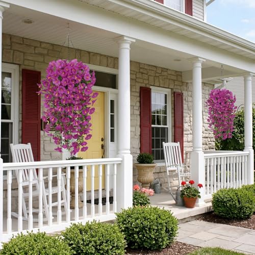 6PCS Artificial Hanging Flowers Fake Plants Outdoor, Silk Morning Glory Faux Flowers with Eucalyptus UV Resistant Realistic Hanging Petunias Plants for Basket Home Garden Decor (Hot Pink) - color: Hot Pink