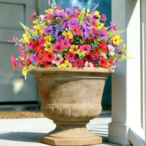 12 Bundles Artificial Flowers for Outdoors Decoration, UV Resistant Fake Silk Flowers Realistic, No Fade Faux Plastic Greenery Plants for Home Garden Patio Yard Porch Spring Decor(Multi Colors) - size: 12 Bundles