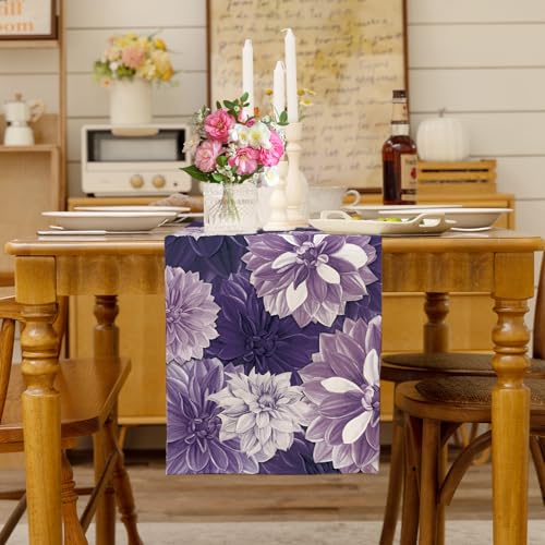 Purple Dahlia Flower Summer Table Runner Purple Gray Burlap Table Runners, Spring Elegant Floral Seasonal Coffee Table Center Decor for Home Kitchen Dining Party Indoor Outdoor 13x36 Inch - color: Purple, size: 13" x 36", Table Runner