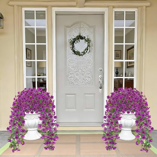 UV Resistant Artificial Hanging Flowers Outdoor Decor - 2 Pack Fake Hanging Plants with Silk Daisies for Spring Summer, No Fade Faux Flowers for Planter, Front Door, Porch, Patio, Garden, Yard - color: Light Purple
