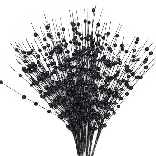 CATTREE Artificial Glitter Berry Stem Decorative, Fake Glitter Sticks Bead Pick Stems for Halloween Christmas Glittery Twigs Xmas Tree Wreath Crafts Vase Filler Home DIY Decor - 17 Inch Black 10 Pack - color: Glitter Berry Sticks - Black 10 Pack