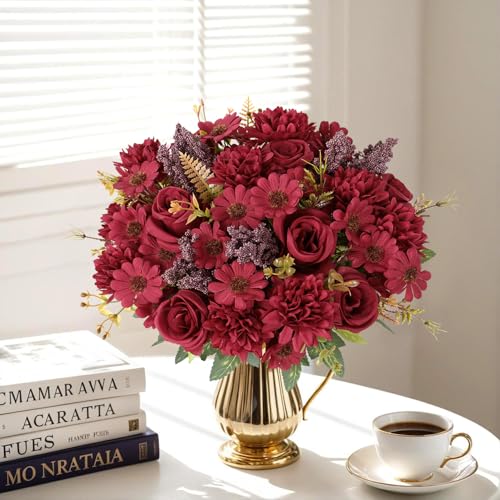 Dremisland Artificial Flowers 4 Bundles Burgundy Fake Roses Silk Bouquets with Daisy Chrysanthemum Artificial Faux Flowers Floral Arrangements for Valentines Day Wedding Table Centerpiece Party Decor - color: Burgundy, size: 4PCS
