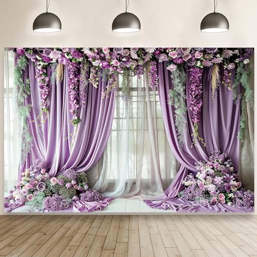 Purple Flower Wall Background Photography Purple Curtains Lavender Butterfly Backdrop for Girls Birthday Bridal Party Decorations Portrait Photo Studio Booth Props