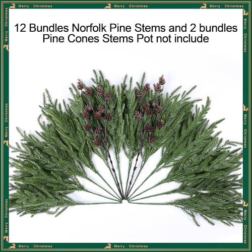 Artificial Christmas Norfolk Pine Stems Branches for Vases,12 Bundles Fake Pine Stems with 2 PCS Small Pinecones Branches Faux Evergreen Real Touch Greenery for Xmas Holiday Winter Table Indoor Decor - color: Small Pine Cones