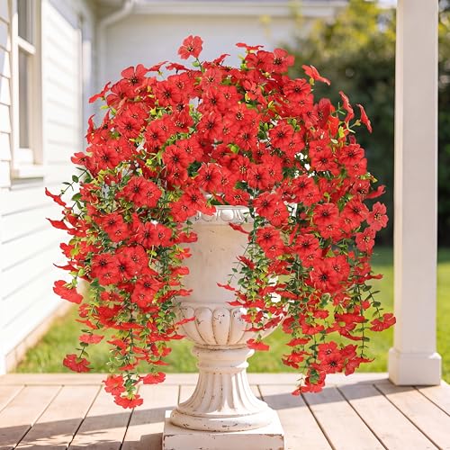 Sggvecsy Artificial Fake Hanging Flowers Plants for Outdoor Outside Spring Summer Decoration 2PCS Faux Silk UV Resistant Realistic Mums Daisy with Eucalyptus for Home Porch Patio Balcony(Red) - color: Red