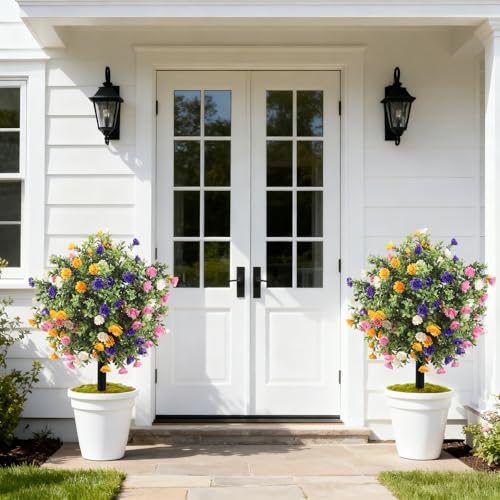 Artificial Topiary Bushes with Ground Spike Set of 2, Faux Boxwood Ball Trees for Outdoor, Fake Shrubs Bushes Decorations for Indoor Front Porch Garden - UV Resistant Faux Plants - Multicolor Flowers - color: Multicolor
