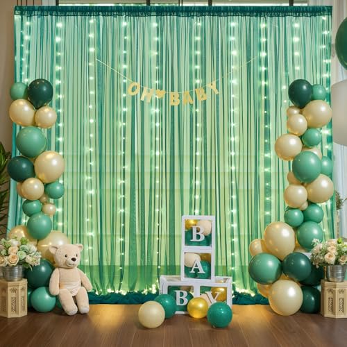 Hunter Green Tulle Backdrop Curtains with Lights String for Parites 10x8ft Sheer Backdrop Curtains Drapes for Birthday Party Bridal Shower Baby Shower Photo Booth Background Decorations - color: Hunter Green, size: 10 ft X 8 ft(2 Panels 5ft X 8ft)