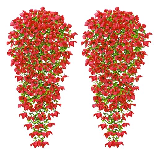 Betylifoy 2Pcs Artificial Hanging Flowers for Outdoors Fake Hanging Plants Summer Decor UV Resistant Faux Silk Violet Flowers Greenery Trailing Vines for Indoor Outside Garden Porch Decor (Red) - color: Red