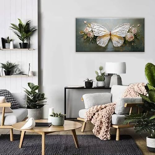 Modern Abstract Artwork White Simple Butterfly And Rose Wall Art Decor Canvas Prints Art Work For Wall Decor For Bedroom Living Room Apartment Kitchen Bathroom Office 20x40 Inch - color: White, size: 40"L x 20"W