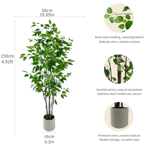5ft Artificial Ficus Tree with White Plastic Planter | Collapsible trunk structure enables quick assembly and compact space-saving storage - color: Green, size: 5ft