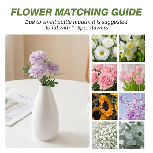 10.5cm/4.1 inch Tall Ceramic Bud Vase Mini Single Stem Small Flower Vase Small Mouth Floral Vases Decorative Shelf Centerpieces Floral Holder for Home Office Decor (White) - color: White