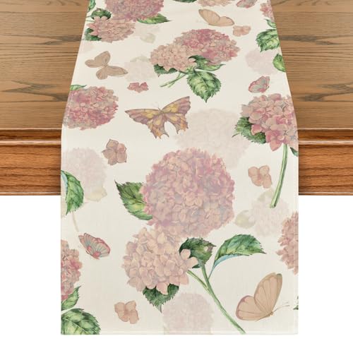 Artoid Mode Pink Hydrangea Butterfly Spring Table Runner, Seasonal Summer Holiday Kitchen Dining Table Decoration for Home Party Decor 13x72 Inch