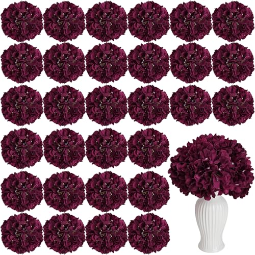 Burgundy Hydrangea Artificial Flowers Bulk with Stems 64 Pcs | Faux Silk Hydrangeas Flower Heads with Stems for Wedding Arch Table Centerpieces Home Garden Baby Shower Party Decoration - color: Burgundy