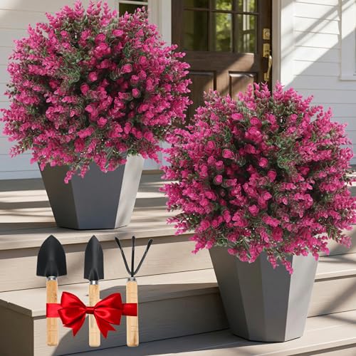 Artificial Eucalyptus Topiary Balls – 24" Set of 2 Faux Shrub Bushes with Ground Spike & Garden Tools – UV Resistant Faux Plants for Outdoor Planters, Porch & Front Door (Red Eucalyptus Topiary Ball) - color: Red Eucalyptus Topiary Ball