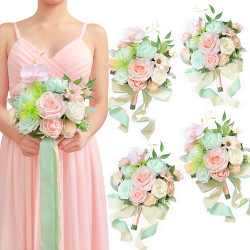 TINGE TIME 7 Inch Artificial Flowers Wedding Bouquets for Bridesmaid, Set of 4, Mint Green & Pink Bride Tossing Bouquet for Rustic Wedding Ceremony Bridal Shower Rehearsal Dinner Vintage Party - color: Mint Green & Pink