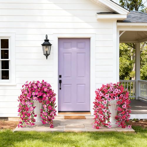 Artificial Hanging Flowers Plants for Outdoor Spring Summer Decoration, 2PCS Faux Silk Morning glory UV Resistant Look Real for Outside Home Indoor Planter Porch Garden Yard Decor(Purple Red Pink) - color: Purple Red Pink