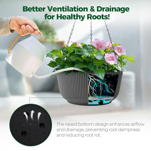 T4U 12 Inch Large Hanging Planters for Outdoor Plants, 2 Pack Self Watering Pots Indoor, Hanging Baskets for Plants,Hanging Flower Pot with Drainage Hole and Plant Hanger, Grey - color: Gray, size: 12 Inch