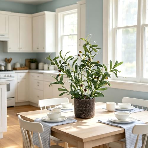 AlphaAcc 18 Inch Artificial Olive Branches Real Looking Potted Plant Fake Olive Tree with Lifelike Leaves and Fruits in Rustic Black Cement Planter Faux Greenery Plant for Indoor Outdoor Decor - color: Green Olive Plant 18" H