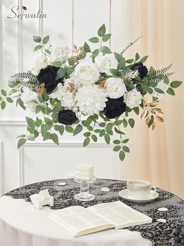 Serwalin Black Artificial Flowers, White Roses Silk Fake Flowers for DIY Wedding Bridal Bouquets, Wedding Cake Flowers for Table Centerpieces Baby Shower Birthday Party Home Decorations - color: Black & White, size: Square