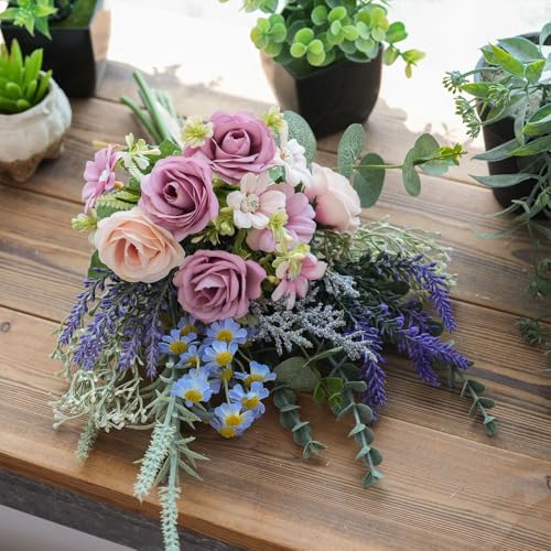 15 Inch Artificial Silk Flowers Bouquet with Roses, Eucalyptus, Baby's Breath, Daisies, Lavender, Sage & Chamomile - Realistic Faux Floral Arrangement for Home Decor Centerpiece - color: Spring